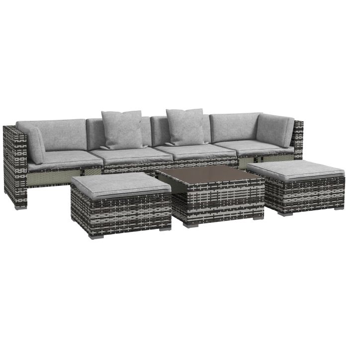 7-Piece Rattan Patio Furniture Set with Sofa, Footstools, Coffee Table, Side Shelves, Cushions, Pillows, Mixed Grey