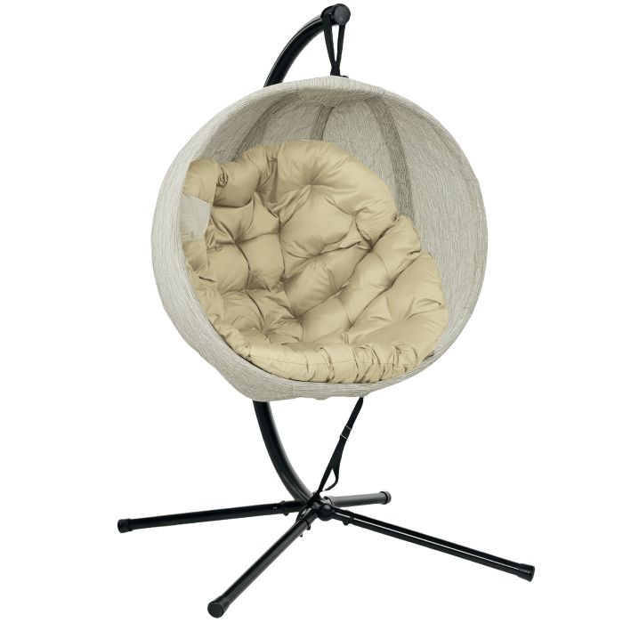 SUNVISTA Hanging Egg Chair Outdoor Indoor Garden Swing Chair with Folding Basket, Garden Hanging Chair with Stand, Thickened Cushion, Khaki