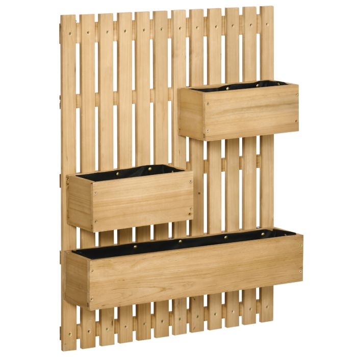 Wall-mounted Wooden Garden Planters with Trellis, Drainage Holes and 3 Movable Planter Boxes, Wall Raised Garden Bed for Patio, Natural