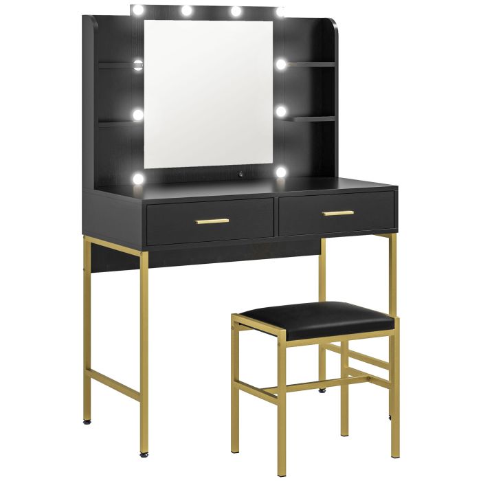 Scott Dressing Table with Lighted Mirror and Cushioned Stool - Black