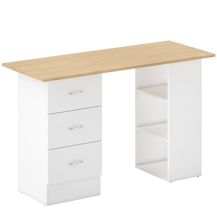 HERON Computer Desk Writing Table PC Workstation 3 Storage Shelves Drawers - Natural Wood White