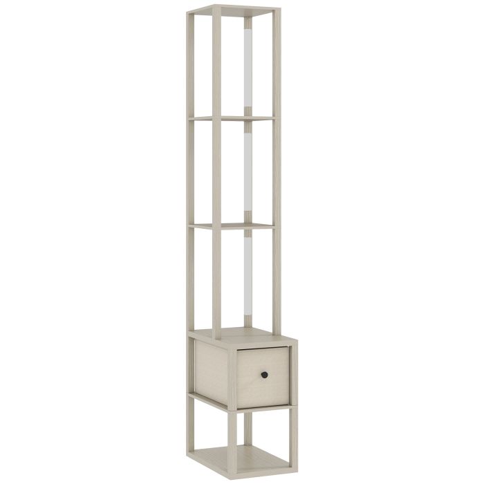 HERON Floor Lamp with Shelves LED Column Standing Lamp Fabric Drawer - Oak
