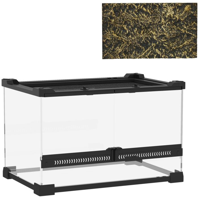 PAWSTER Reptile Glass Terrarium with Stone Background Escape Proof Knob Lock 30 x 20 x 20 cm - Black