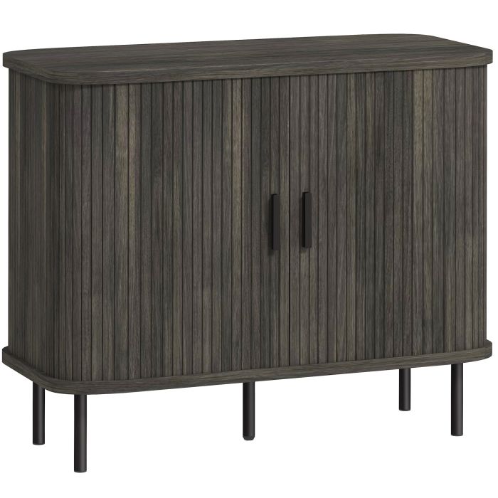 HERON Mid Century Modern Sideboard Slatted Tambour Sliding Doors Steel Legs - Grey