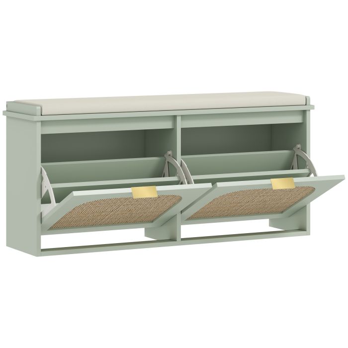 KICKSY Rattan Shoe Bench Padded Seat 2 Flip Drawers - Light Green