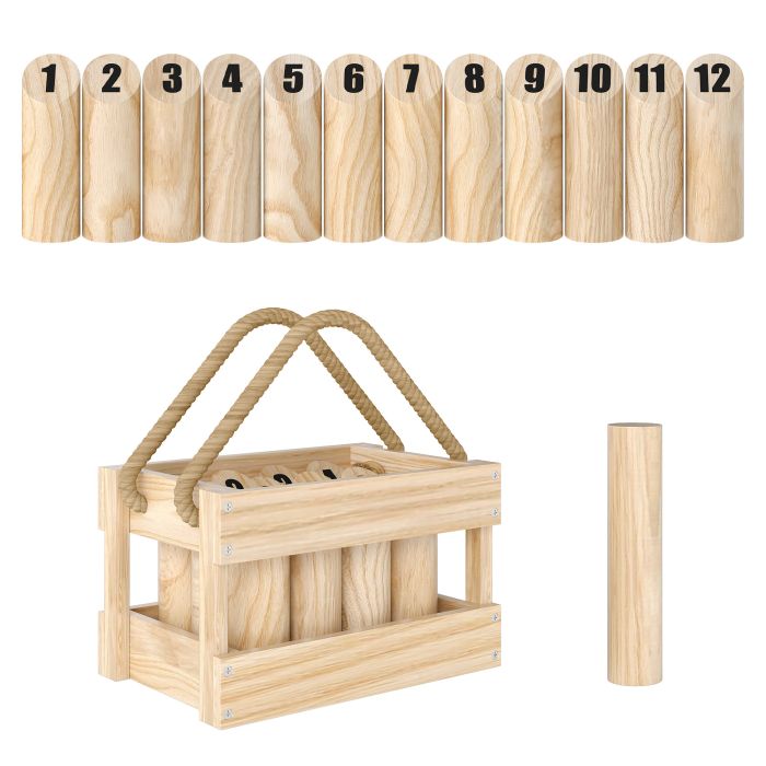 SPORTEDGE Molkky Game Wooden Skittles Throwing Game 12 Skittles Carrying Box - Natural