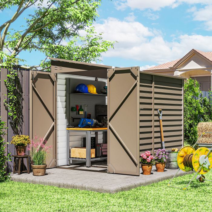 SUNVISTA 5x9ft Galvanised Metal Garden Shed Foundation Kit Lockable Doors - Brown