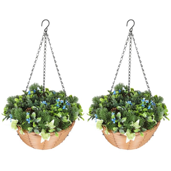 HERON Artificial Hanging Flowers Basket Set of 2 with PE Leaves - Green