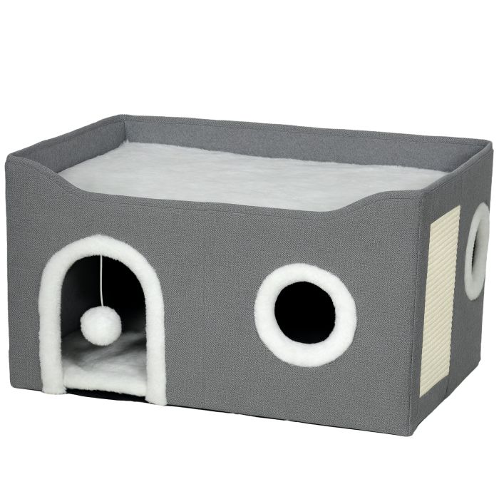 YALRIC Cat Bed Wooden Foldable with Fluffy Ball and Scratch Pad - Grey