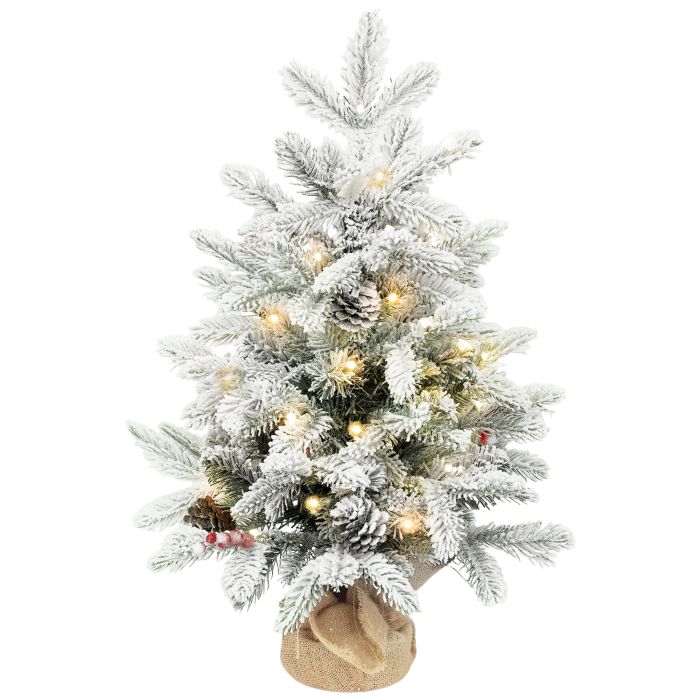 MARQUE Small Christmas Tree Plastic Tabletop Prelit with Pine Cones and Linen Base - Green