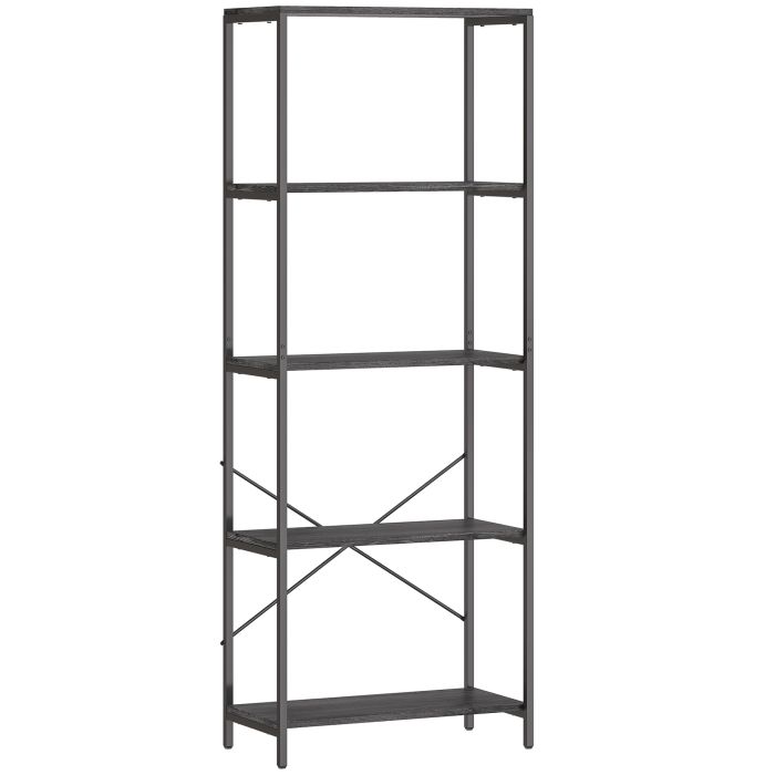 FEREDON 5-Tier Bookshelf, Industrial Bookcase with Metal Frame - Dark Grey and Black