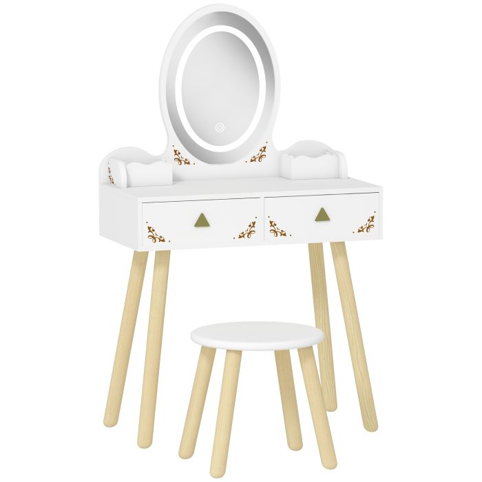 VALTHORNYX Kids Dressing Table and Chair Set with 3 Colour LED Lights Mirror, Drawer and Storage Boxes for 3+ Years - White