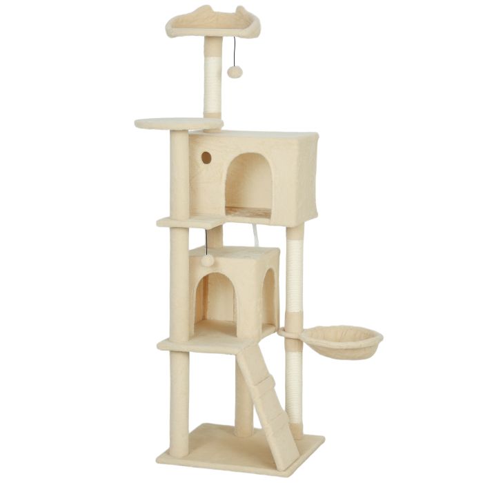 MORNYSS 160 cm Cat Tree with Scratching Posts, Condos, Plush Perches, Hammock and Ladder - Beige and Cream White