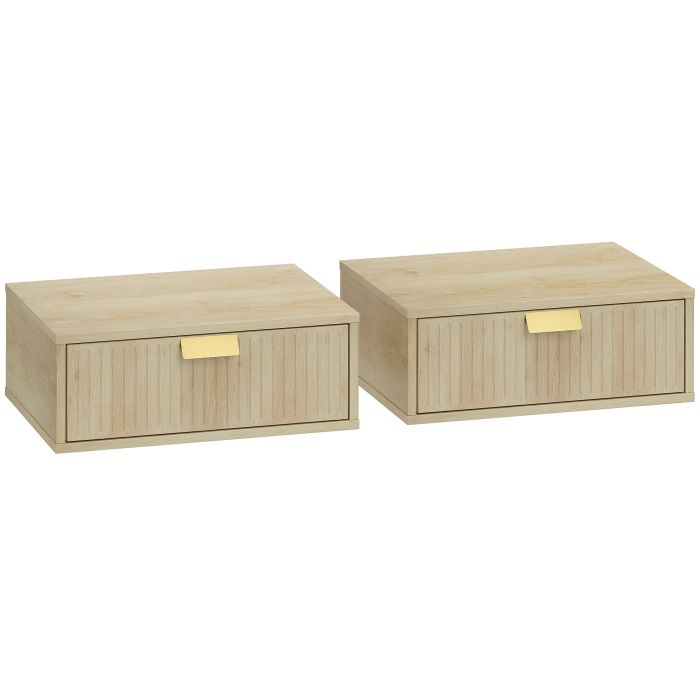 OAKWOOD Set of 2 Wall Mounted Floating Bedside Tables with Wave Drawers - Oak
