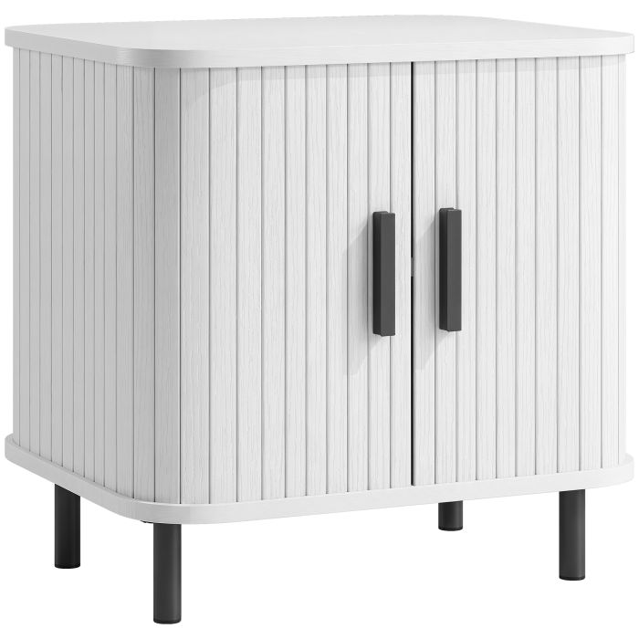 MILTON Bedside Table with Sliding Doors and Metal Legs - White Wood Effect