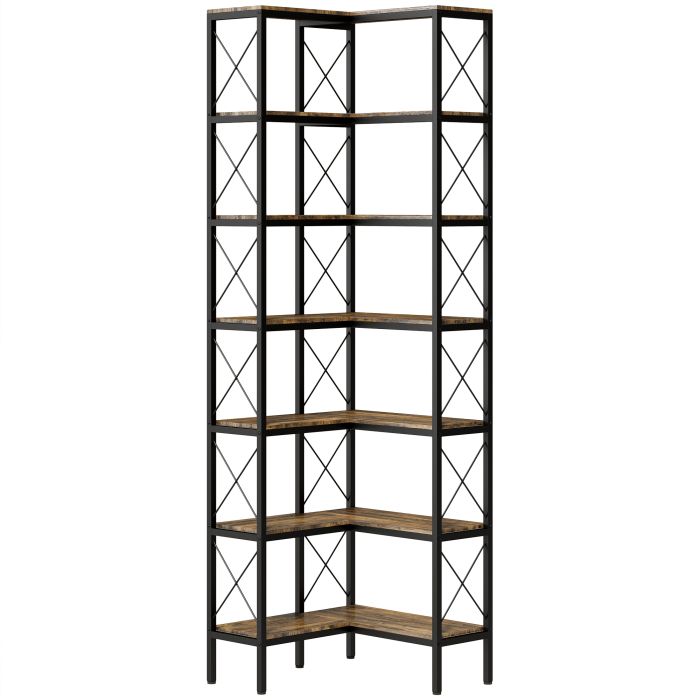BELON 6 Tier L Shaped Corner Bookcase with Metal Frame - Rustic Brown and Black