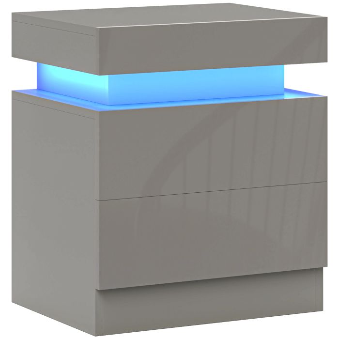 CHATSWORTH High Gloss Bedside Table with LED Light and 2 Drawers - Grey