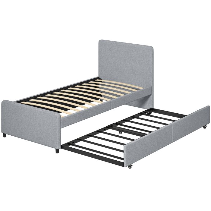 KESGRAVE Single Upholstered Bedframe with Pull Out Trundle, Headboard and Footboard - Black and Light Grey