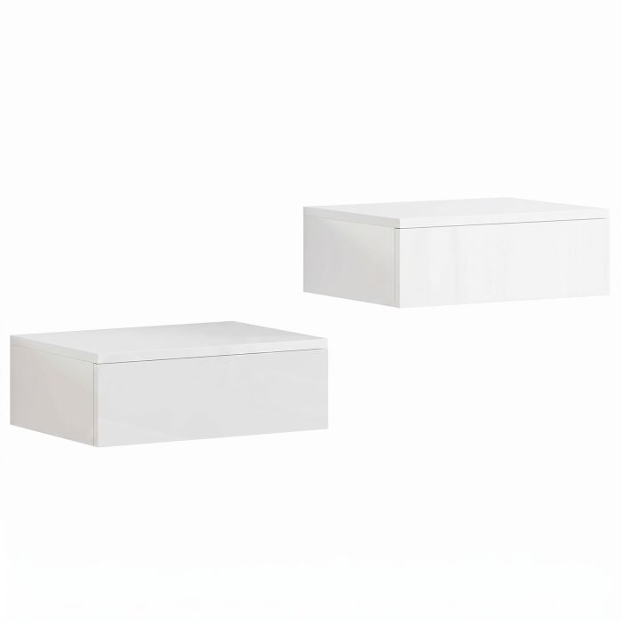 UPPINGHAM Set of 2 High Gloss Wall Mounted Floating Bedside Tables with Storage Drawers - White