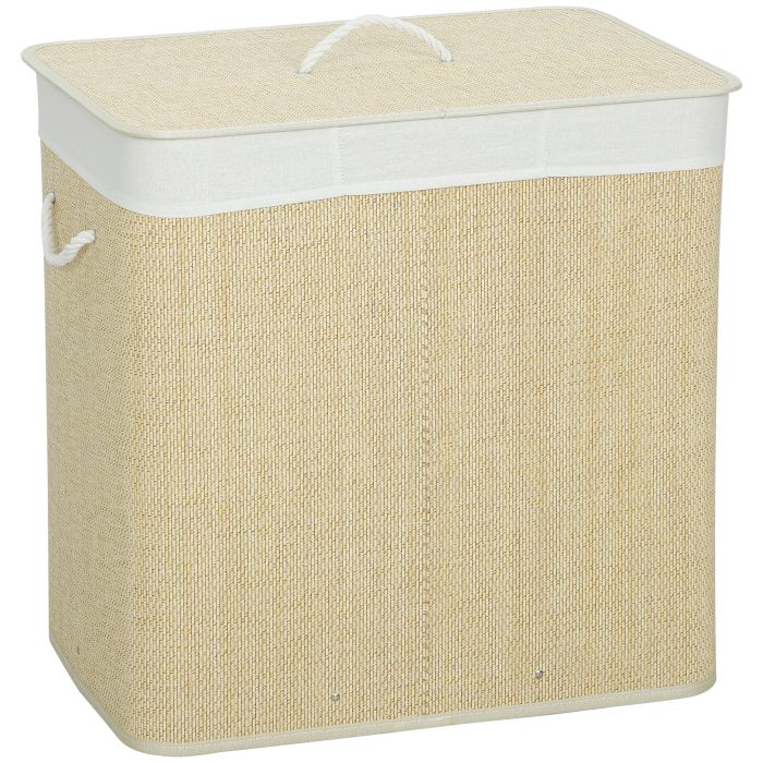 DUNSTER 144L Bamboo Laundry Basket with Lid, 3 Sections, Handles and Washable Liner - Cream White