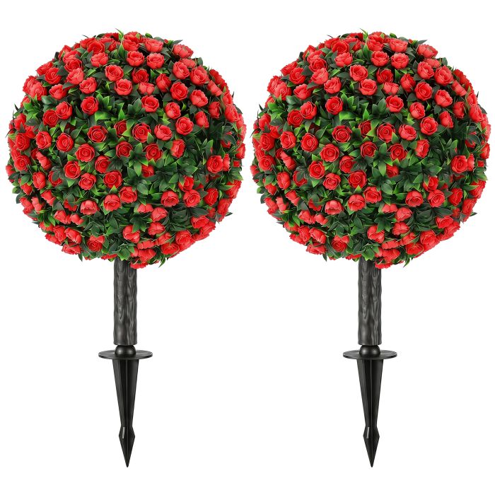 KIMBOLTON Set of 2 UV Resistant Artificial Rose Topiary Plants, 55 cm Tall - Red