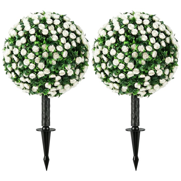 KIMBOLTON Set of 2 UV Resistant Artificial Rose Topiary Plants, 55 cm Tall - White