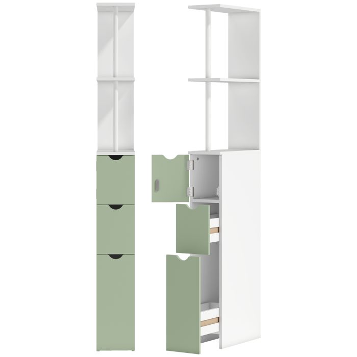 CEDARWICK Tall Slim Bathroom Storage Cabinet with 2 Tier Shelf and 2 Drawers - White and Light Green