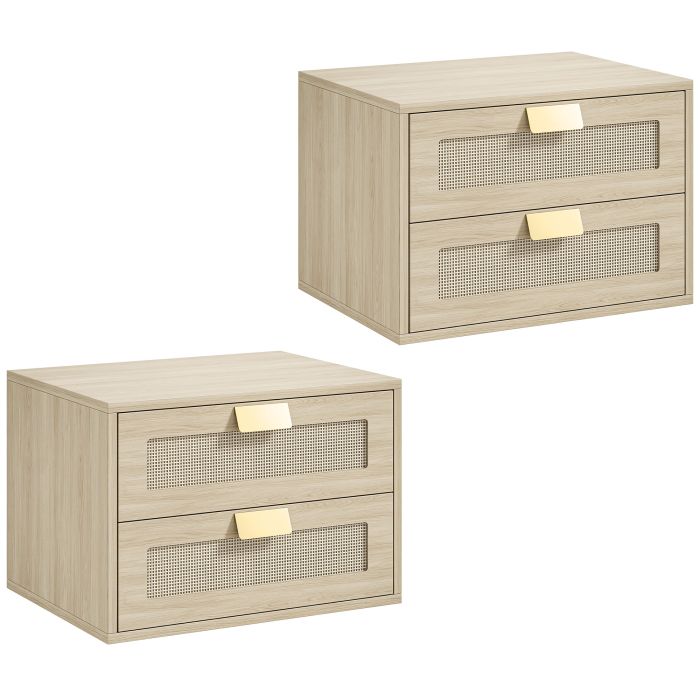 ARDENWOOD Set of 2 Floating Bedside Tables with 2 Drawers - Oak
