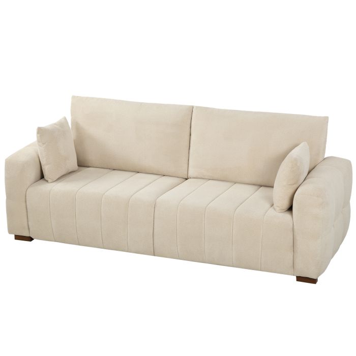 CANVASWELL 3-Seater Velvet Sofa with Cushions and Wood Legs - Cream White