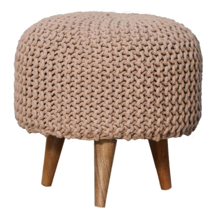 Solid Oak Legs Beige Round Woven Top Footstool