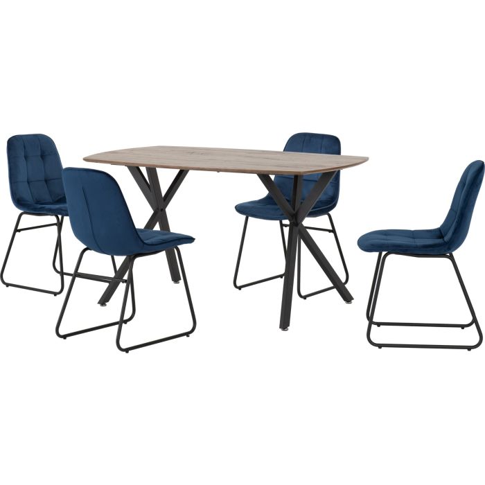 Athens Rectangular Dining Set with Lukas Chairs - Oak Effect Black Sapphire Blue Velvet