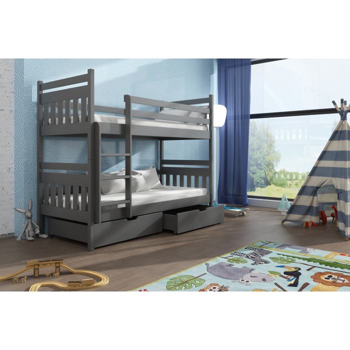 Zeus Wooden Kids Bunk Bed with Drawers Storage and Bonnell Foam Mattress - Graphite