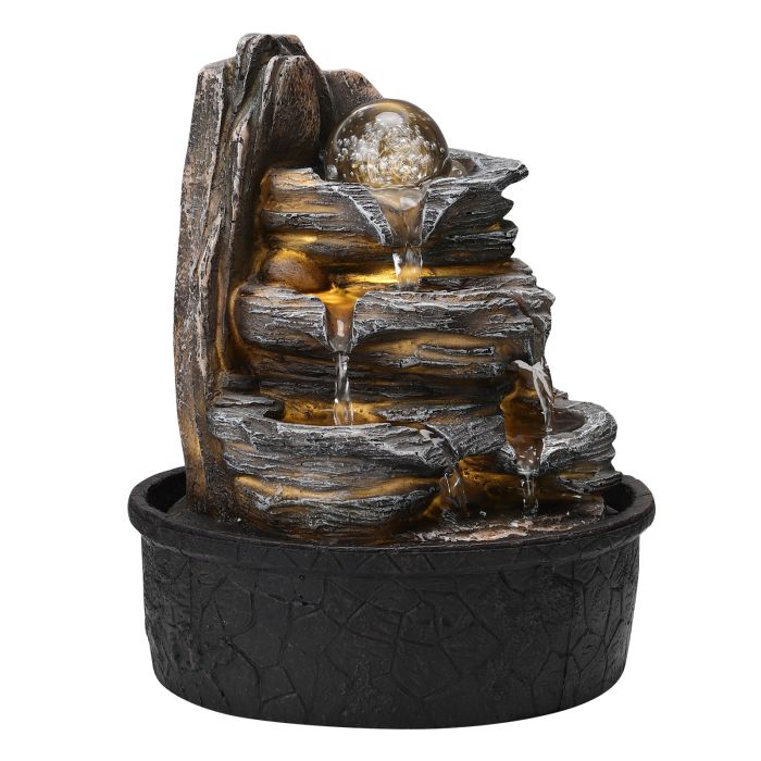 Tiered Rock Cascading Tabletop Water Fountain with LED Crystal Ball, Black