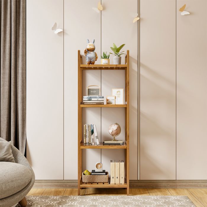 4-Tiered Bamboo Wood Freestanding Living Room Book Storage Shelf Organizer
