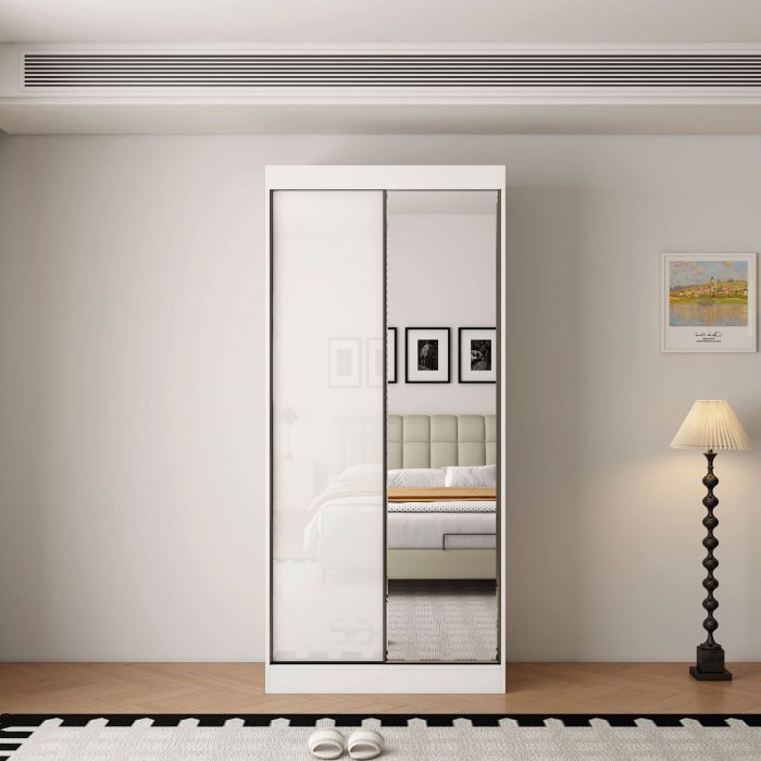 OCEANIC 2 Door Mirrored Sliding Wardrobe Gloss White - 100cm