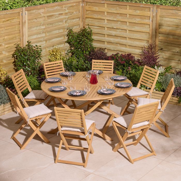 OXRYN Garden 8 Seater Round Table and Chair Set - Oak Finish