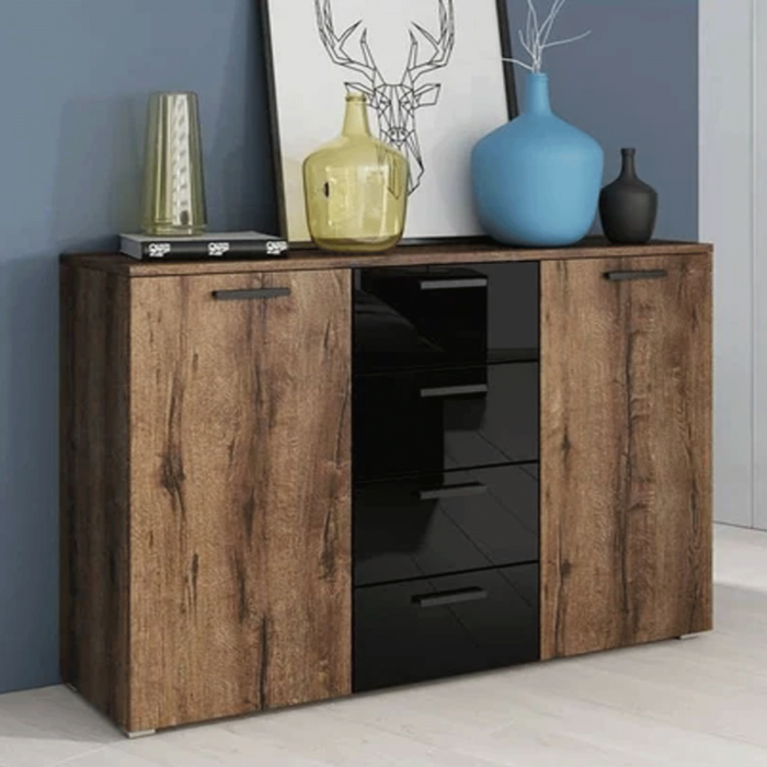 Ephemeral Zen 4 Drawers Sideboard with 2 Doors - Black and Oak