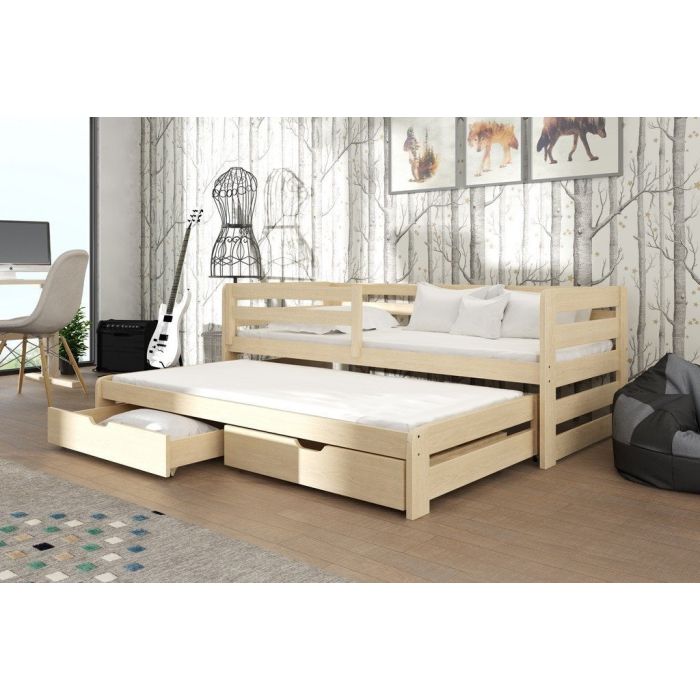 ERIN Wooden 2 Drawers Storage Double Bed with Trundle and Foam Mattress - Pine