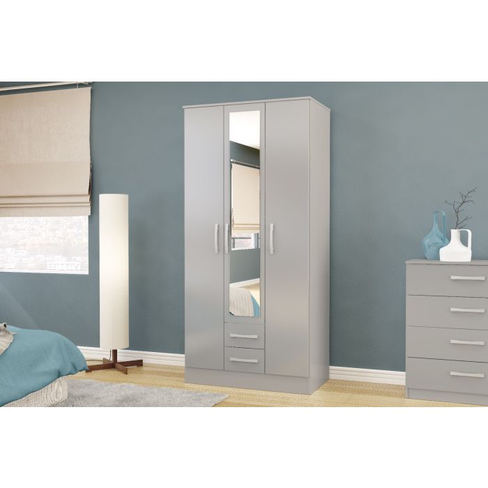 Birlea Lynx 3 Door 2 Drawer Mirrored Wardrobe - Grey
