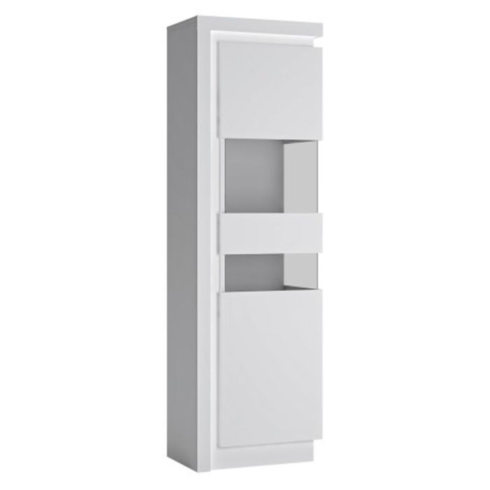 Newry High Gloss Right Hand Tall Narrow Display Cabinet With LED Lights - White