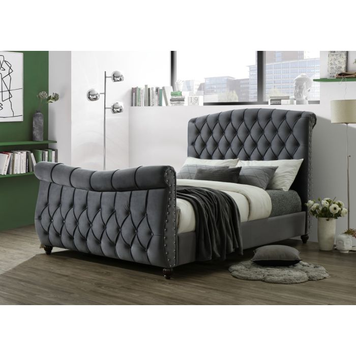 Sareer Lachelle Luxury Dark Grey Velvet Bed - Double 4ft6
