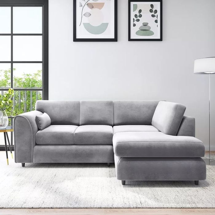 DELANO Plush Velvet 4 Seater L Shaped Fullback Corner Sofa - Light Grey, Right Hand Facing