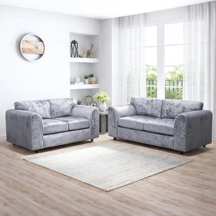 VELOURA Crush Velvet 3 and 2 Seater Fullback Sofa Set - Silver