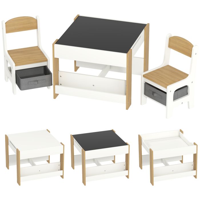 HERON 3 Piece Kids Table and Chair Set with Blackboard Natural Wood