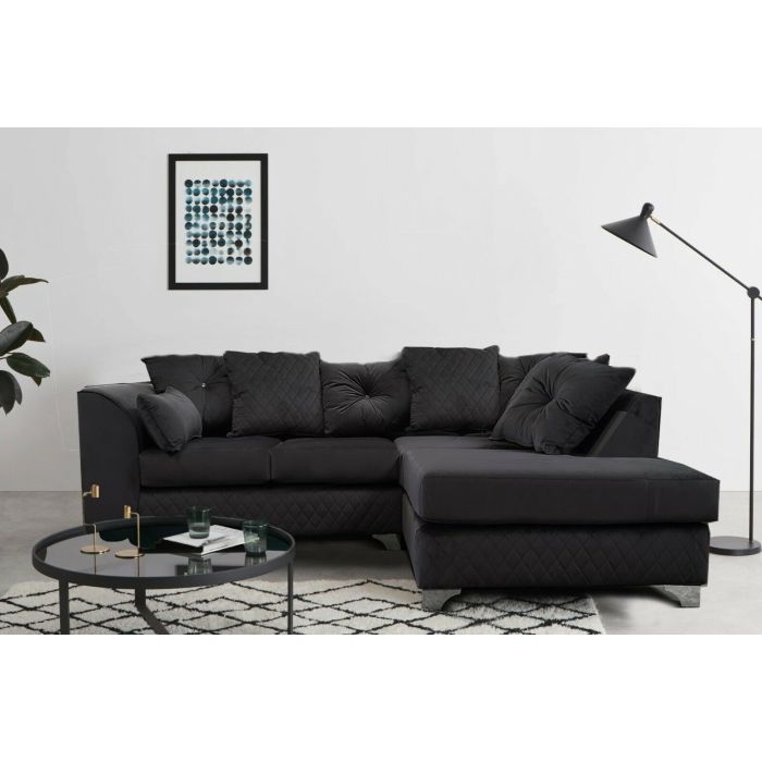 VICTORIA Plush Velvet 4 Seater L Shaped - Right Hand Facing Corner Sofa - Black