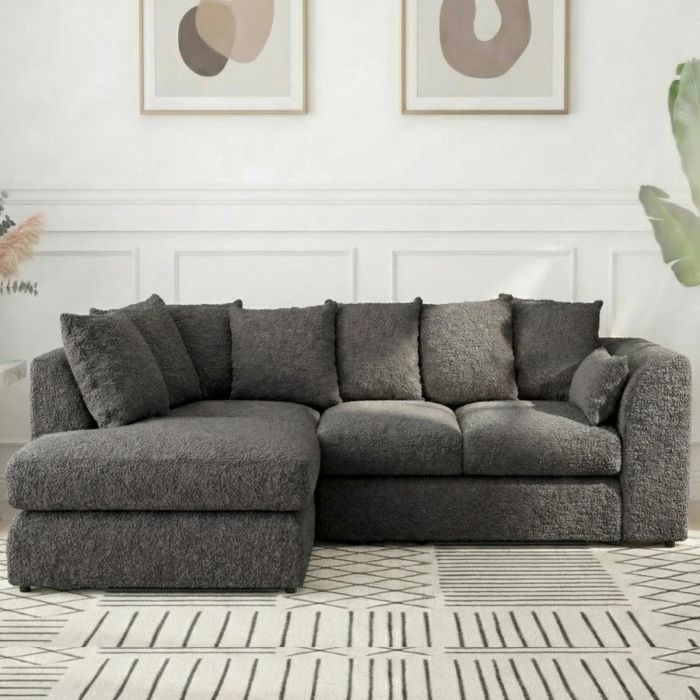 BELVANO Boucle Fabric 4 Seater L Shaped Scatterback Corner Sofa - Slate Grey, Left Hand Facing