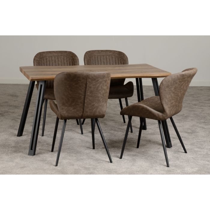 Quebec Wave Edge Dining Set - Oak Effect Black Brown Faux Leather
