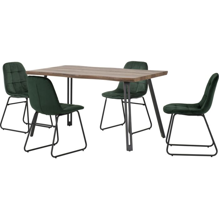 Quebec Wave Edge Dining Set with Lukas Chairs - Oak Effect Black Emerald Green Velvet