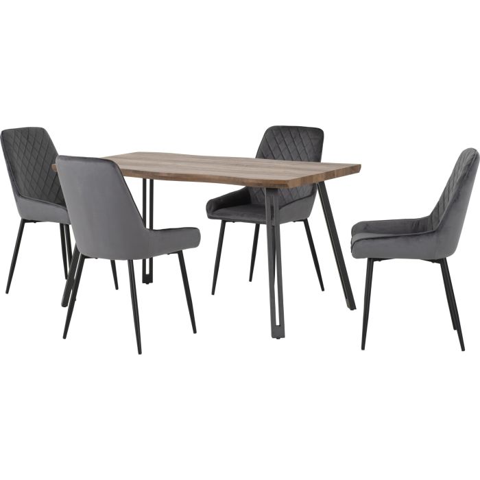 Quebec Wave Edge Dining Set with Avery Chairs - Oak Effect Black Grey Velvet