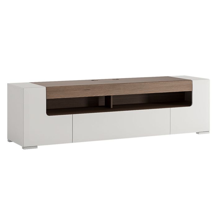 Toronto 190cm wide TV Cabinet - White High Gloss with San Remo Oak inset